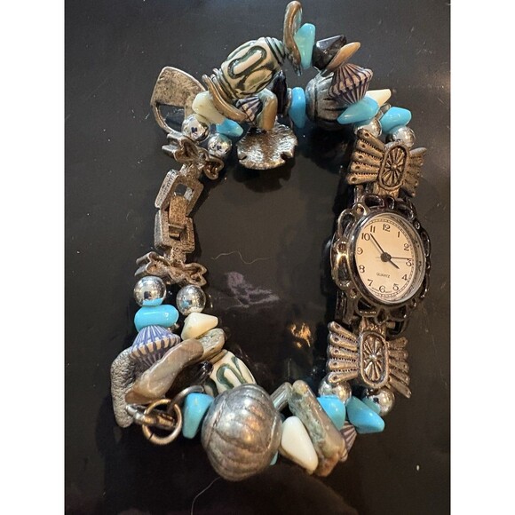 Vtg Southwest Watch Women 25mm Silver Tone Beaded Bracelet Band-Untested - Picture 3 of 9